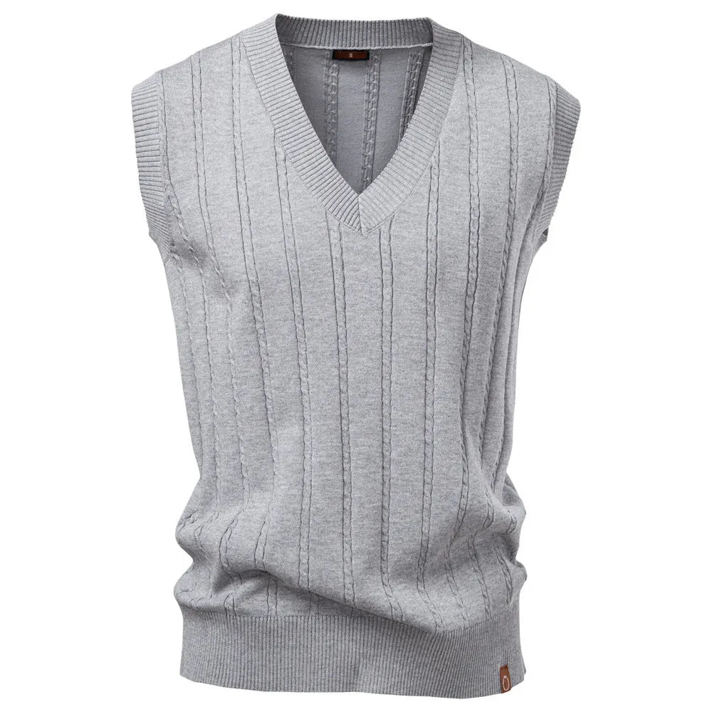 Men's European size V-neck twist sweater vest in dark blue, slim fit, viscose blend