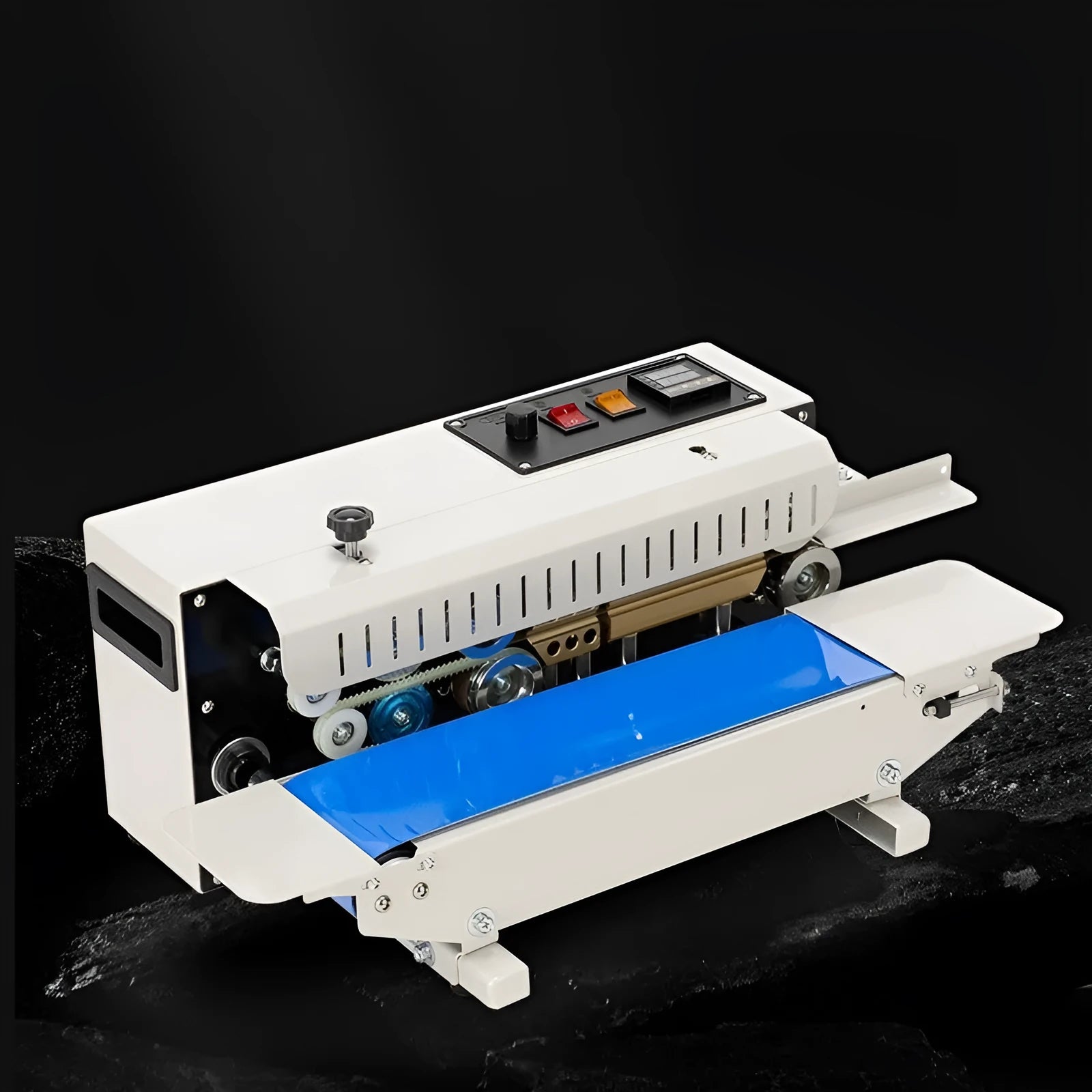 Compact steel seal manual sealing machine with adjustable date stamp for printing on bags.