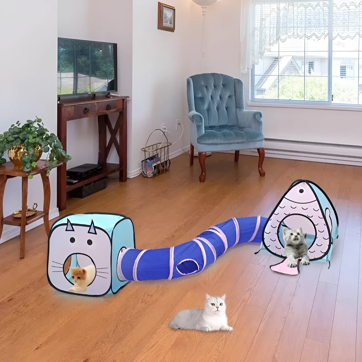 Foldable pet tunnel with cat and fish design in collapsed and expanded positions
