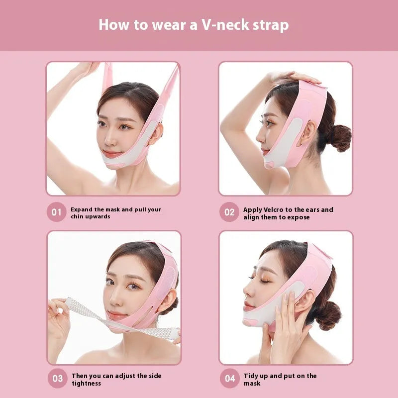 Pink and black elastic V-shaped face bandage for facial care.