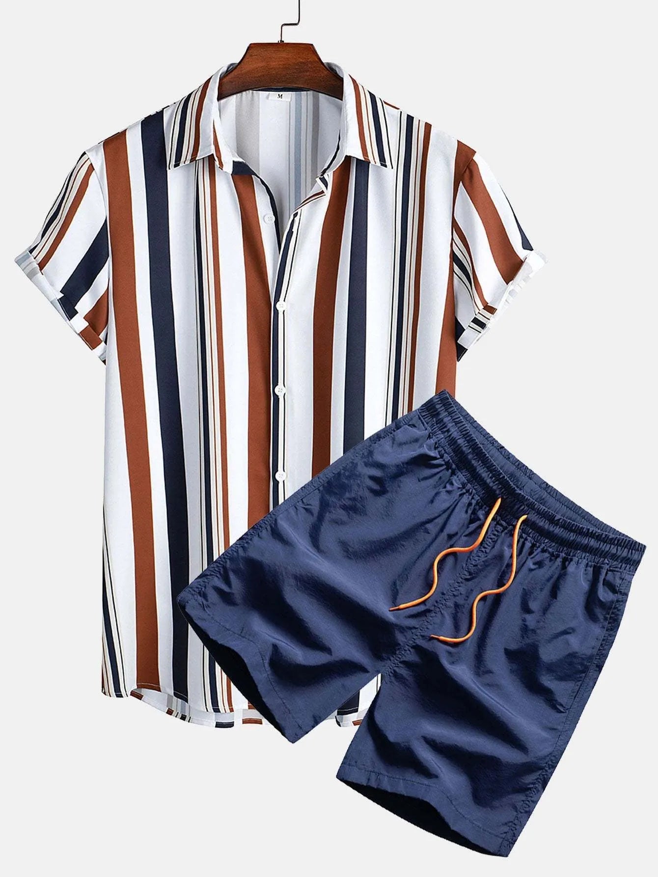 Man wearing a digital print short sleeve cardigan and matching shorts from a casual suit set.