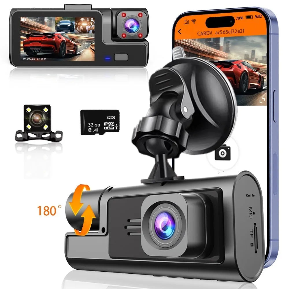 WiFi car driving recorder with 2-inch screen on a dashboard, showing front and rear camera views.