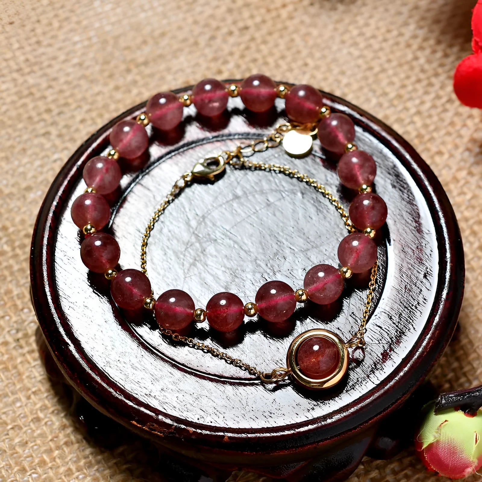 Double-layer women's bracelet with strawberry quartz crystals and electroplated gold finish on adjustable copper band