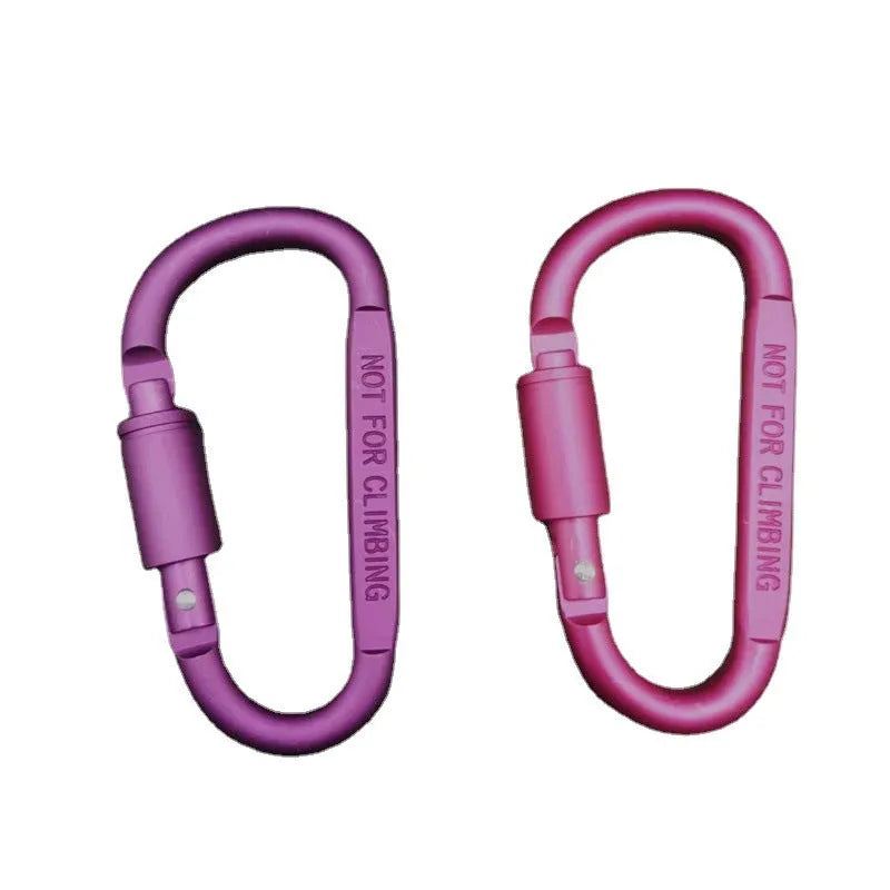 An 8cm aluminium D-type locking carabiner shown in silver, with the gate open.