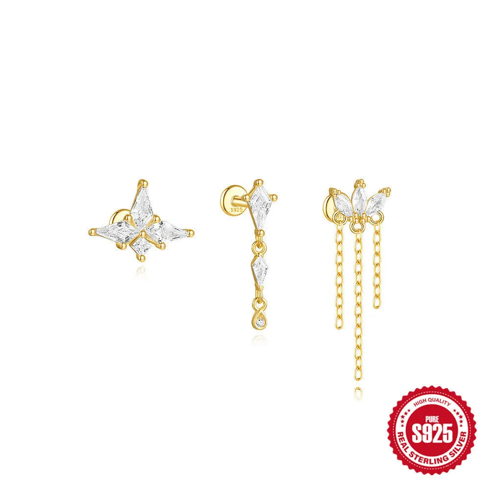Geometric kite-shaped sterling silver earrings with rhinestone chain tassel in gold colour