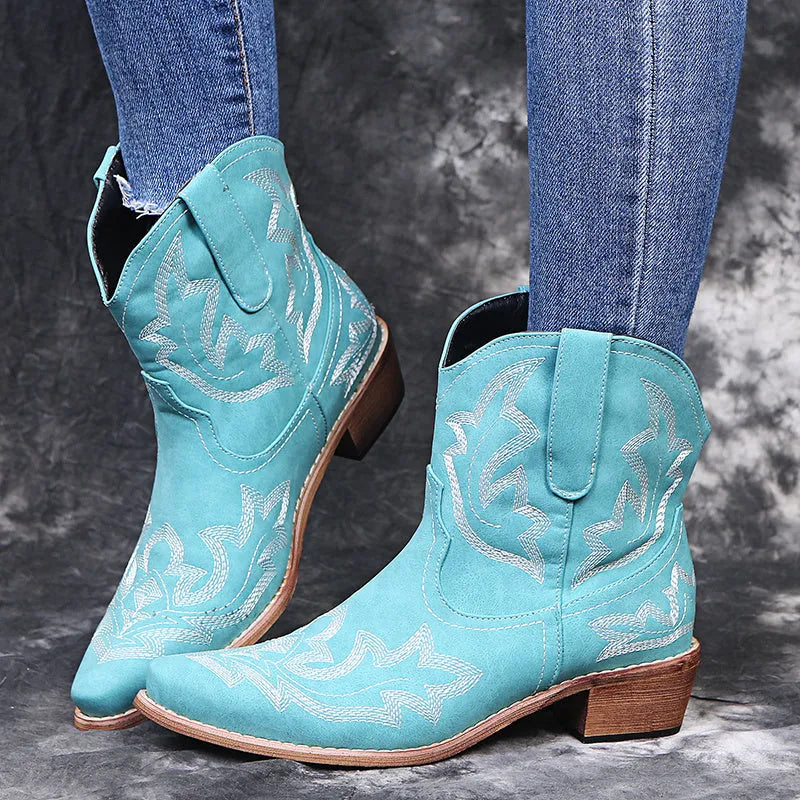 Women's blue embroidered cowboy boots with wedge heel and pointed toe
