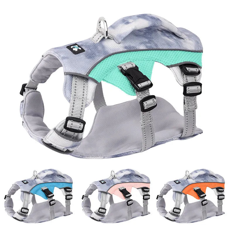 Reflective light blue pet cooling chest strap fastened around a dog's torso.