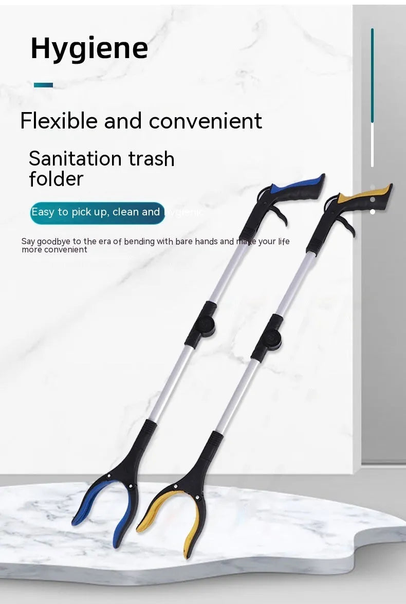 Foldable silver aluminium garbage clamp with blue handle, shown extended and with magnet sucker detail.