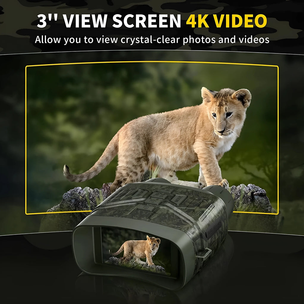 Black night vision instrument with lens and display screen showing 4K night vision capability.