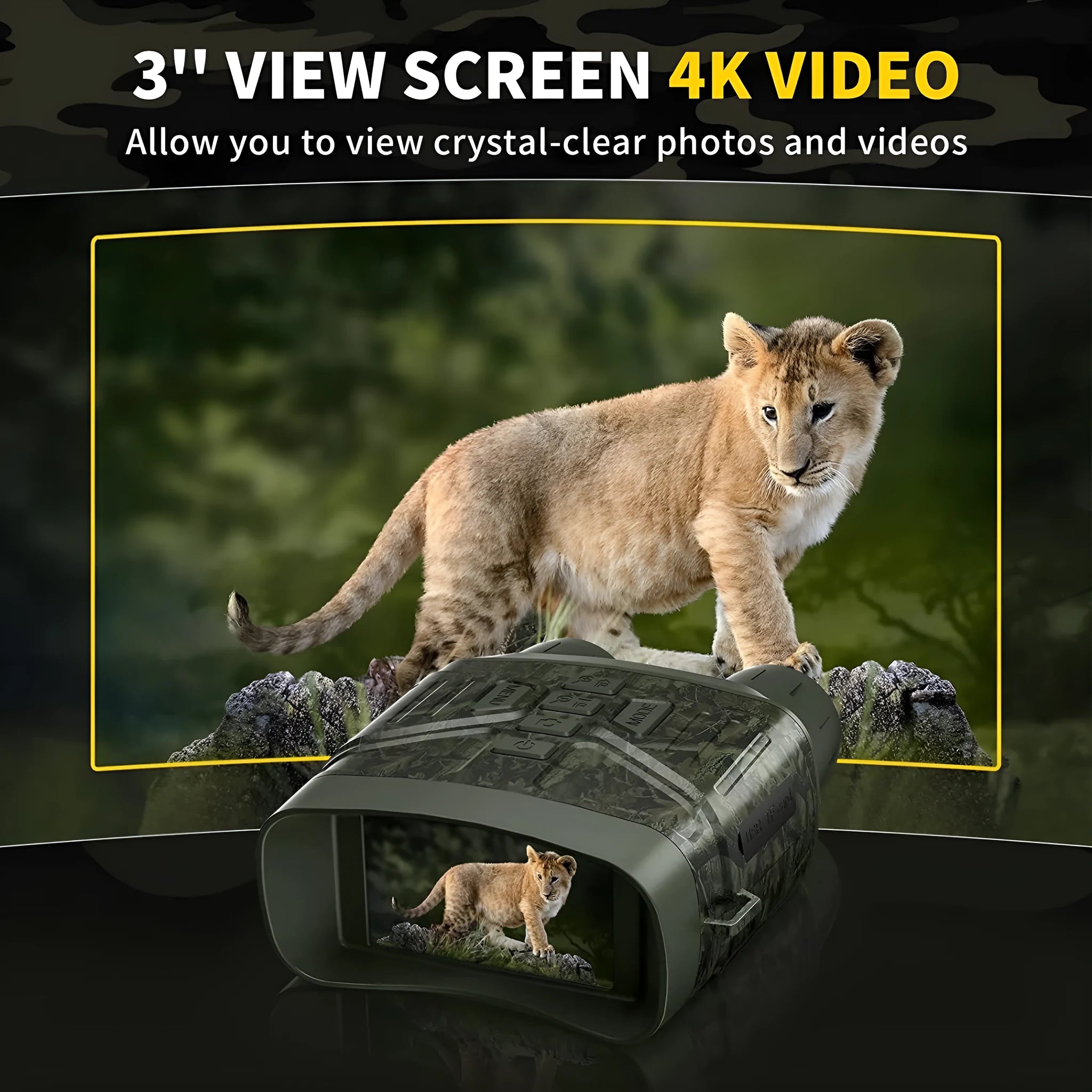 Black night vision instrument with lens and display screen showing 4K night vision capability.