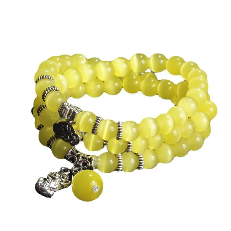 Opal lucky cat cartoon bracelet with geometric 8mm beads in adjustable 52cm length