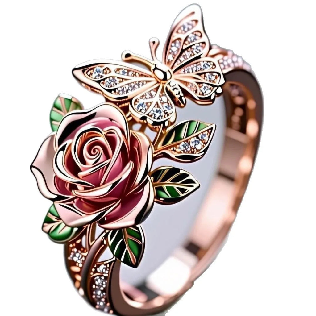 Adjustable butterfly personality ring with colourful oil drip treatment and floral insect leaf design