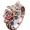 Adjustable butterfly personality ring with colourful oil drip treatment and floral insect leaf design