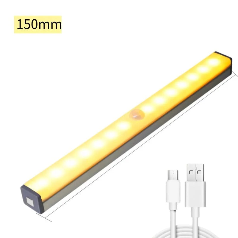 Silver aluminium LED closet light with motion sensor and magnetic back, shown illuminating a wardrobe.