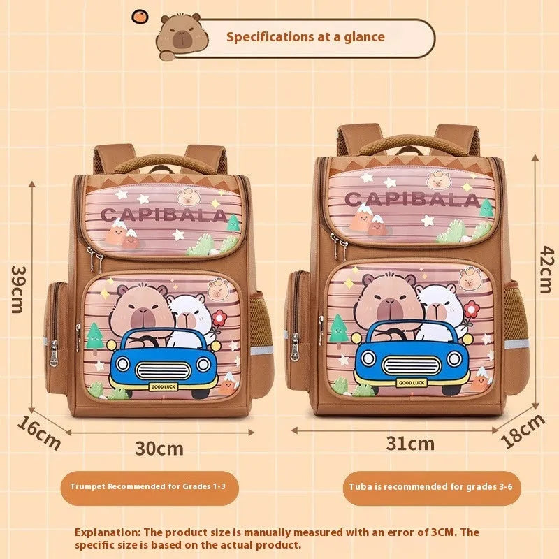 Capabala primary school backpack with spine protection, waterproof fabric, and air pillow belt in car brown colour