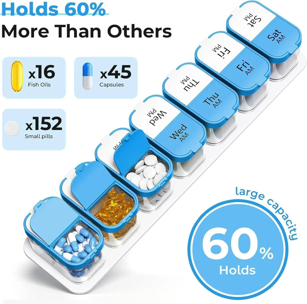 Large white plastic pill organiser box with 14 compartments, shown disassembled into separate sections.