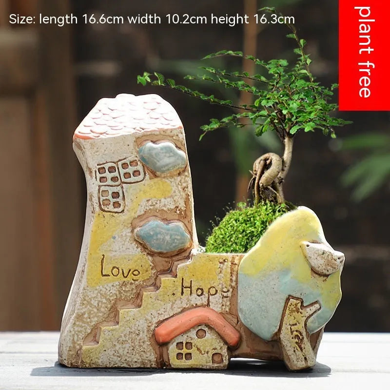 Large calibre ceramic flower pot with hand-painted cute pastoral design on a white background.