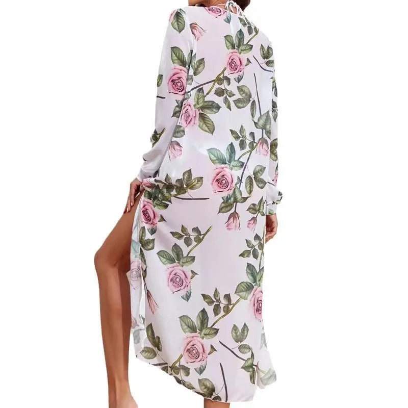 Women's white printed three-piece bikini swimsuit set with bra, shorts and matching cover-up coat