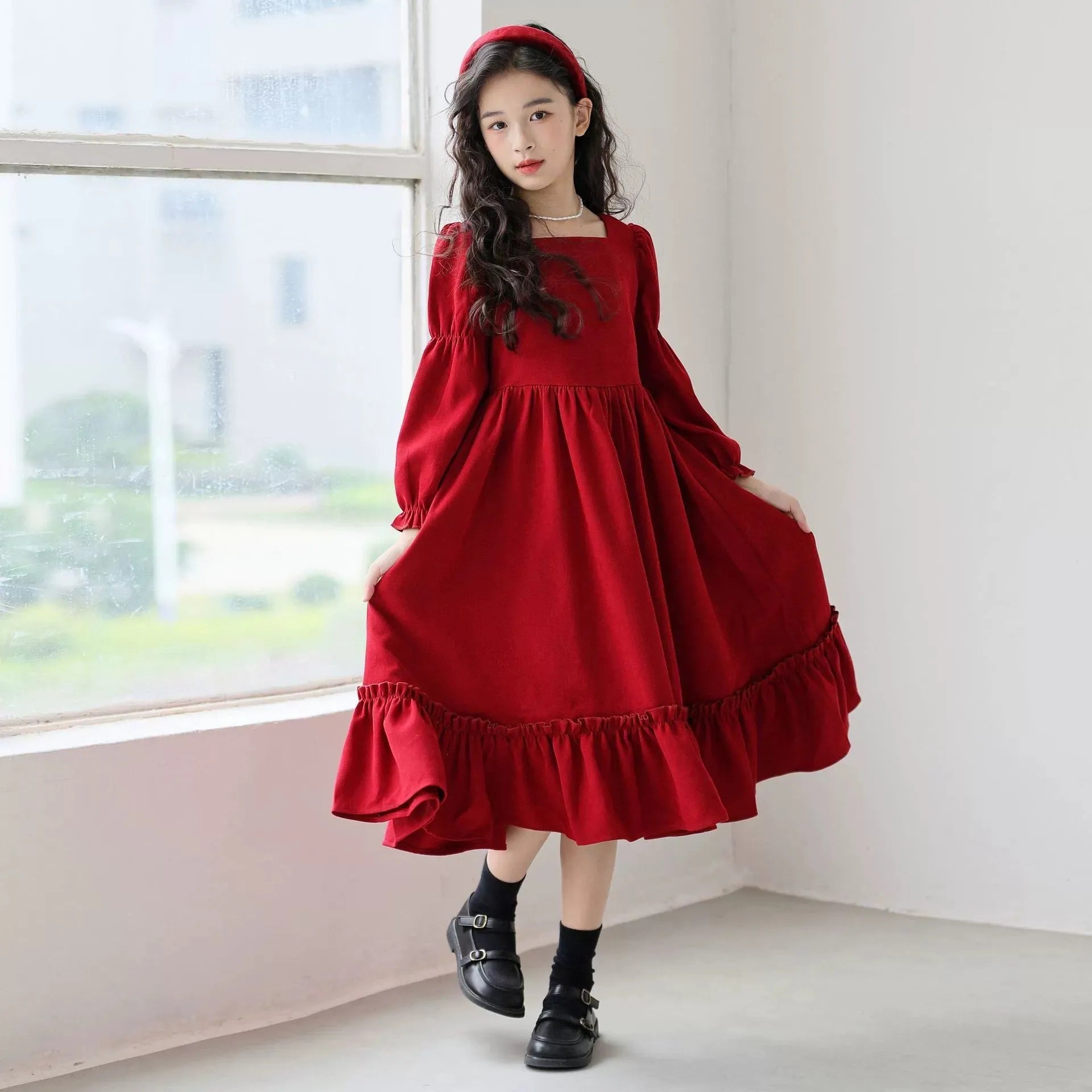 Girl's long sleeve solid colour red dress with square neckline and flounce skirt, polyester fabric