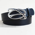 Men's silver buckle casual belt with PU leather strap measuring 105cm long