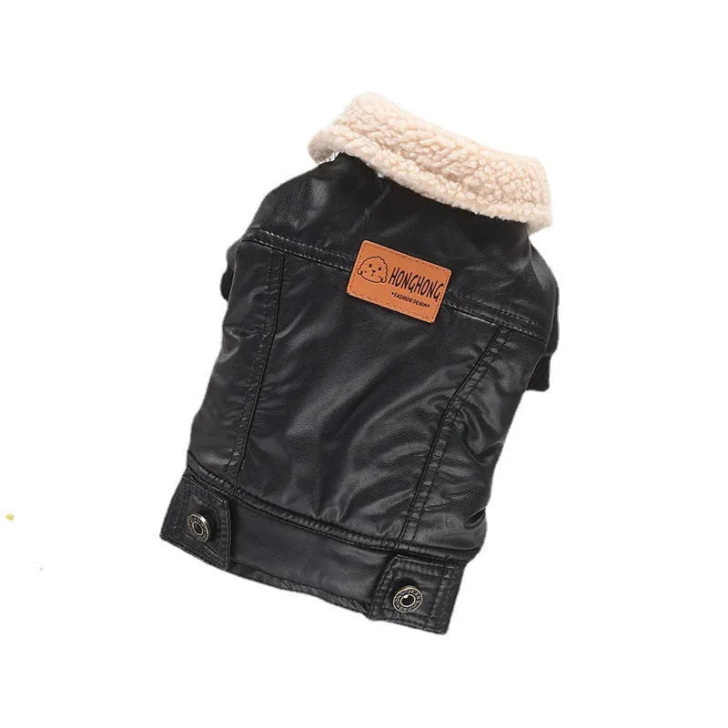 PU leather pet coat with fleece lining in black or red colour with British style design