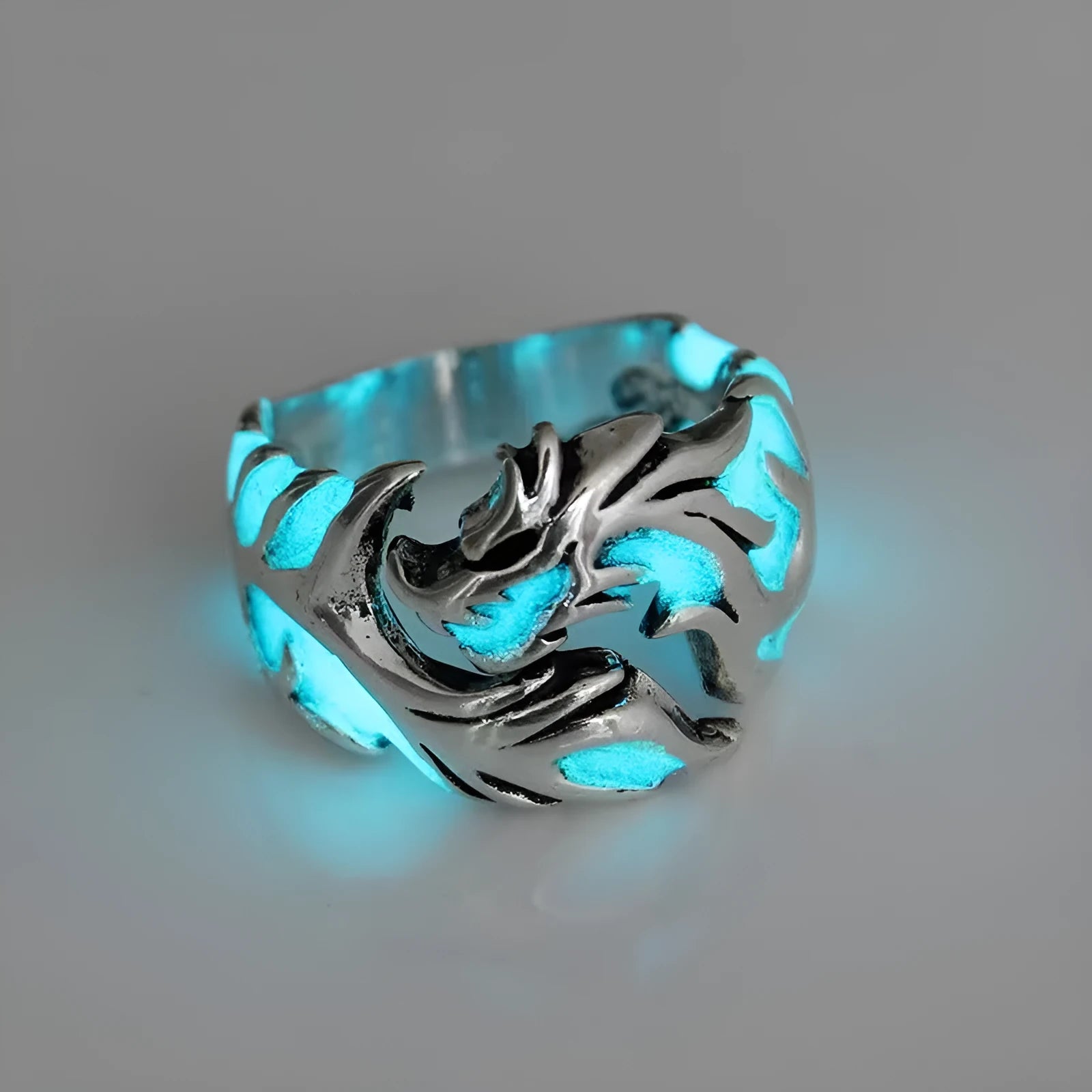 Chinese dragon pattern ring with adjustable opening in antique silver blue and green finish