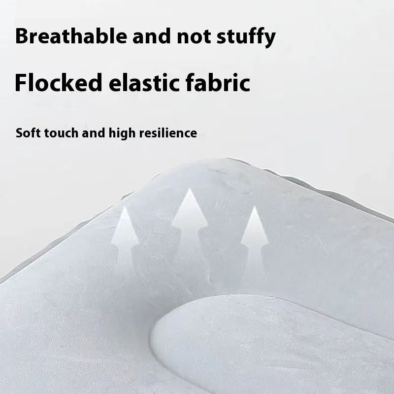 Inflatable portable seat cushion with flocking material shown inflated for use.