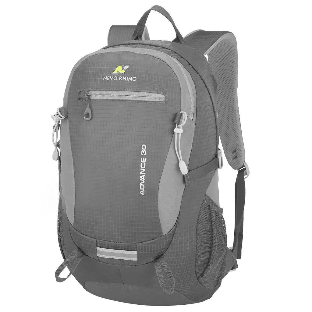 30 litre nylon waterproof backpack in dark green with airpillow straps, shown from the back.