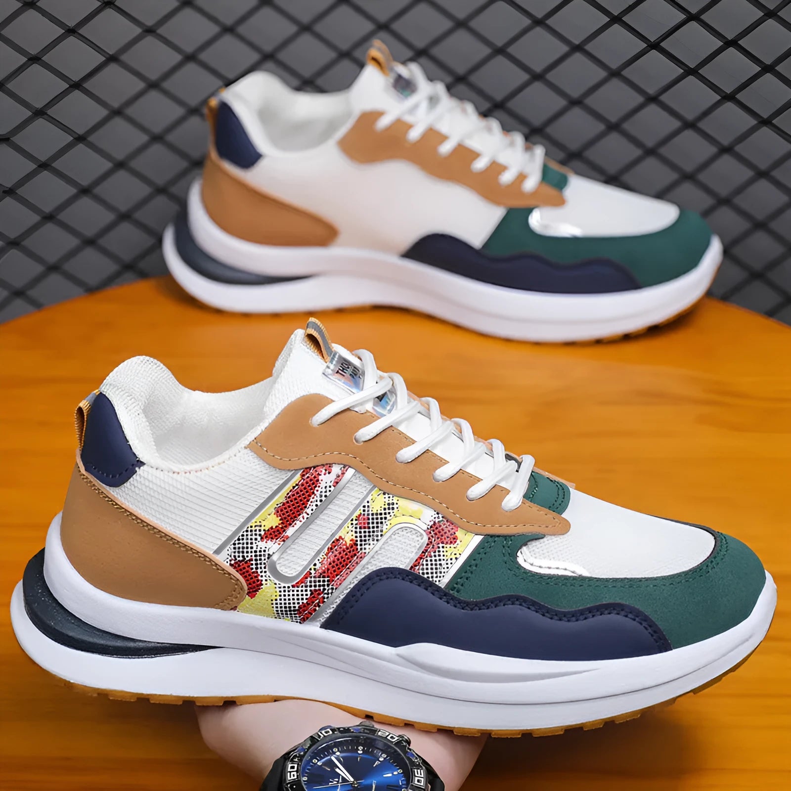 Plus size men's mesh breathable sports casual shoes in white green, black, or grey with leather toe holder