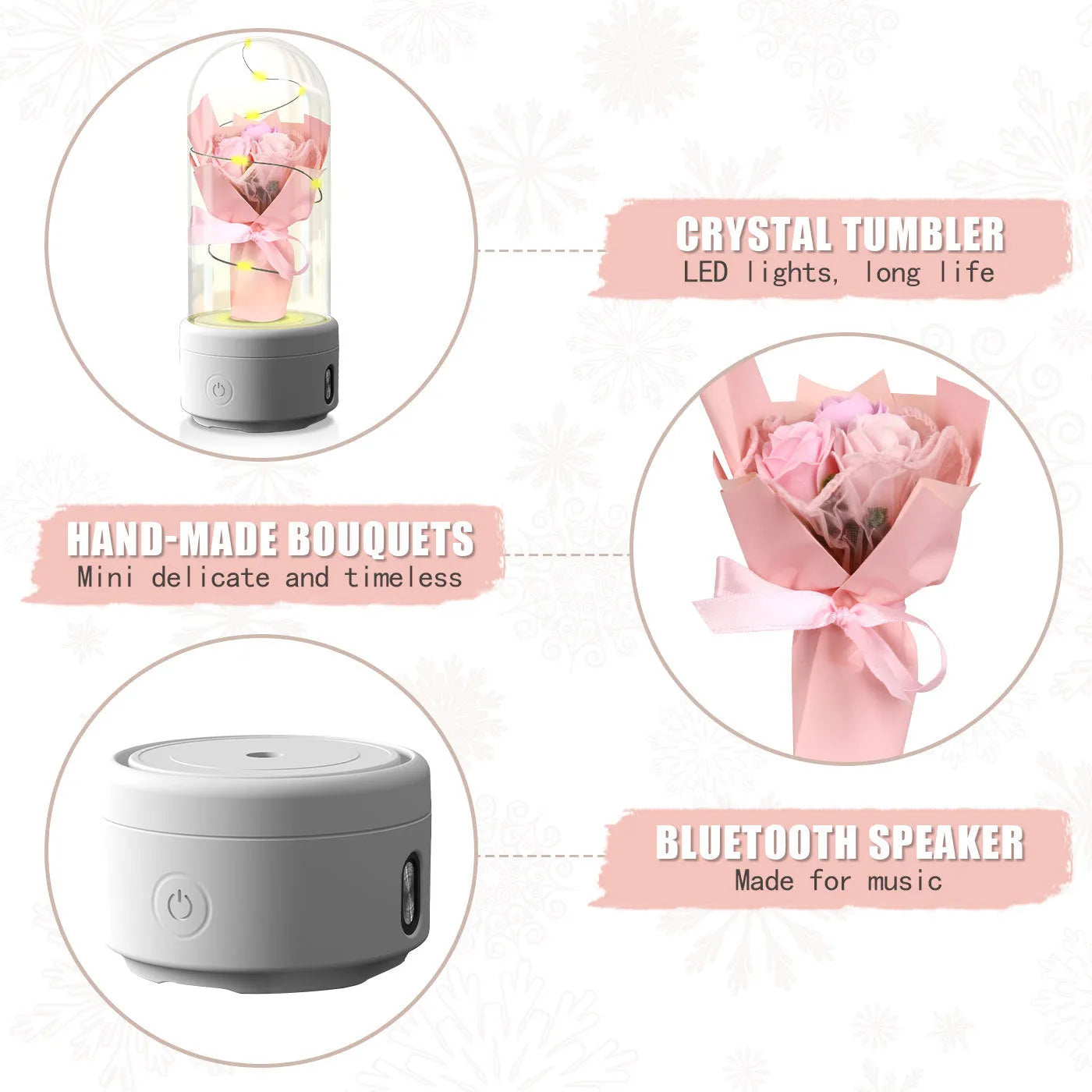 Glass-covered rose ornament with built-in LED light and Bluetooth speaker on black or white base