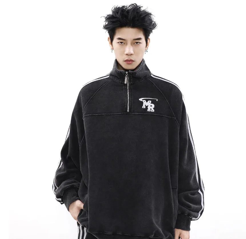 Black Hong Kong style polyester sweatshirt with stand collar design for sports and casual wear