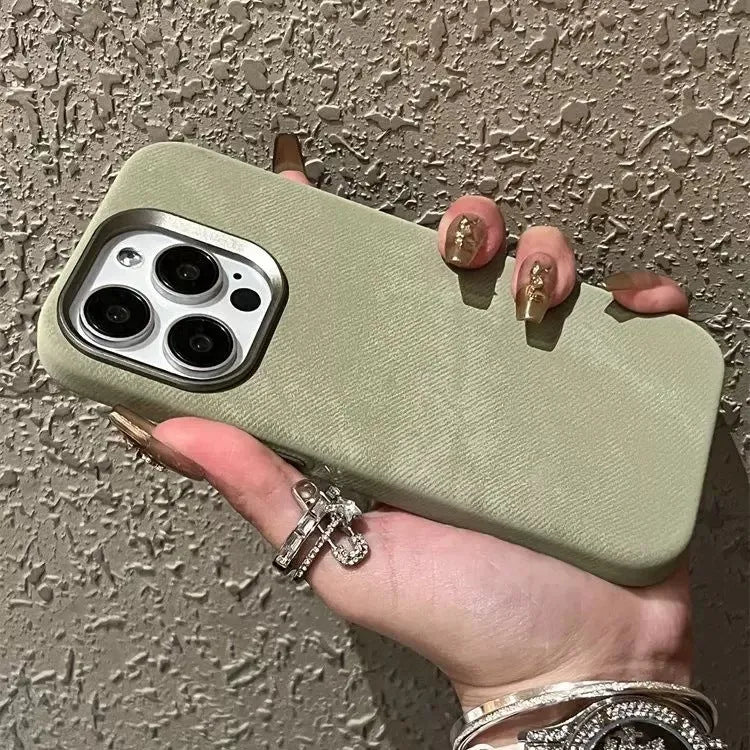 Magnetic leather drop-resistant flannel phone case in silver grey for iPhone.