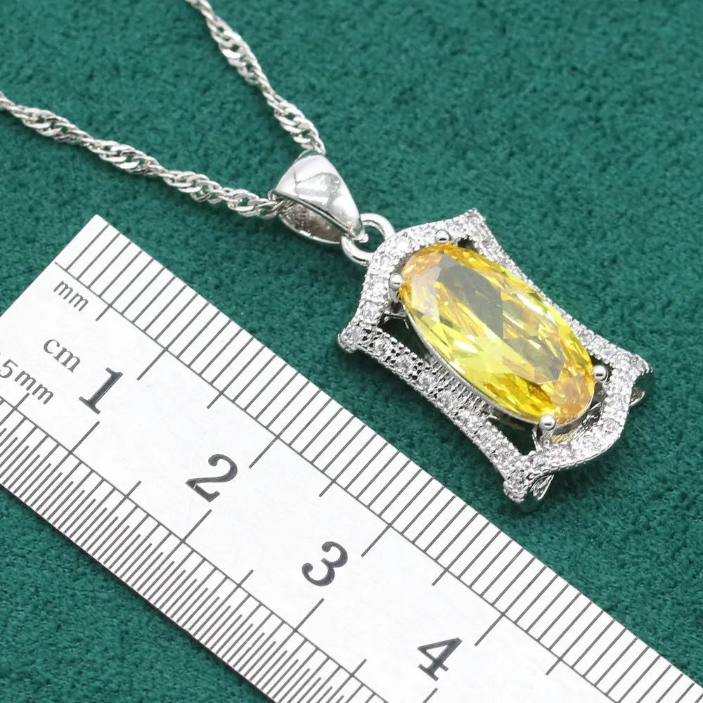 Zircon jewellery set with necklace, earrings, ring, and bracelet in yellow or olive green colours
