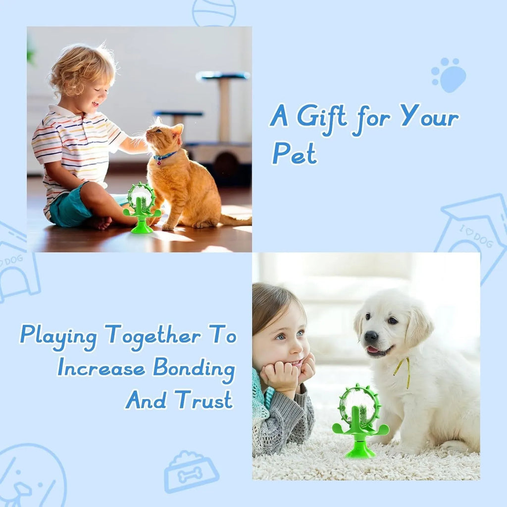 Interactive pet puzzle toy with rotating food dispenser in blue, green, red, or yellow colours