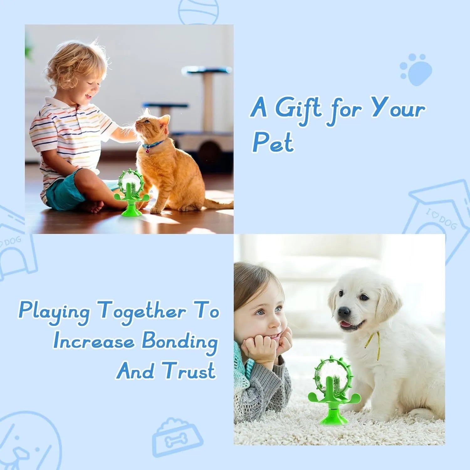 Interactive pet puzzle toy with rotating food dispenser in blue, green, red, or yellow colours