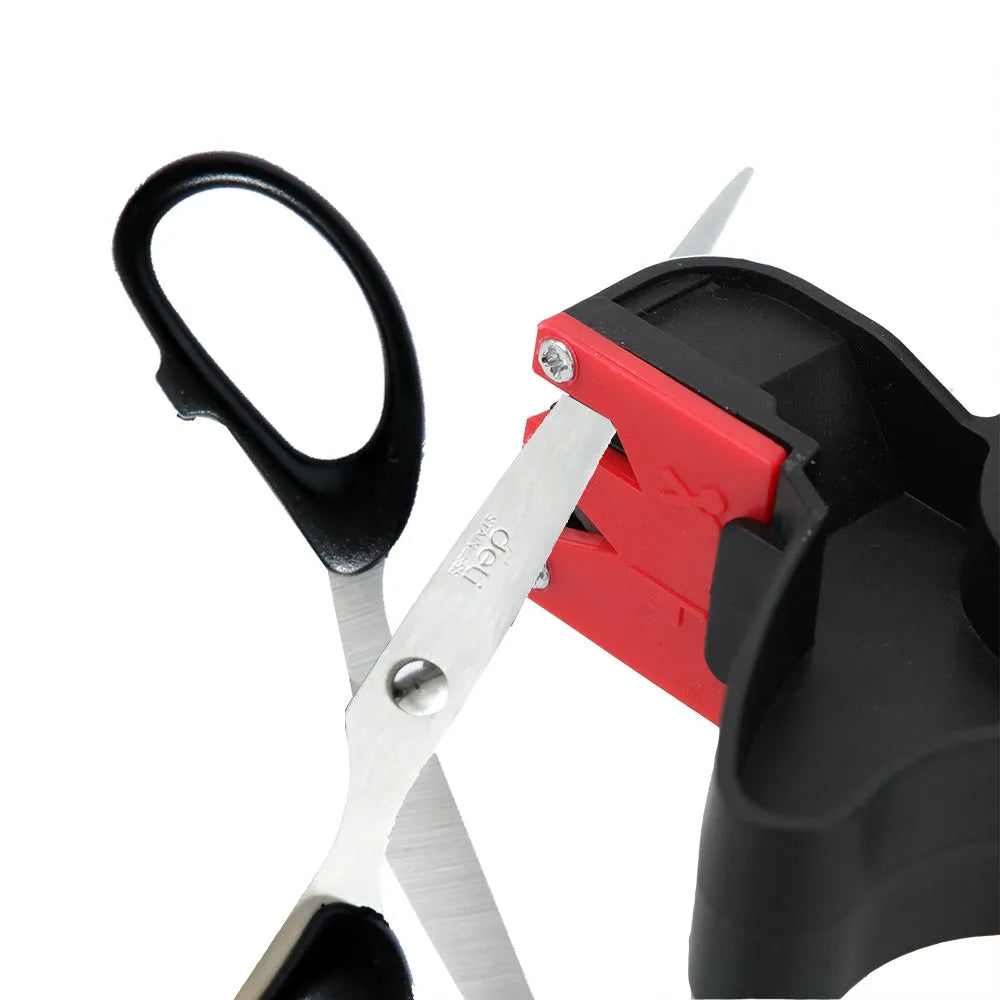 Black handheld 2-in-1 knife and scissor sharpener with tungsten steel blade
