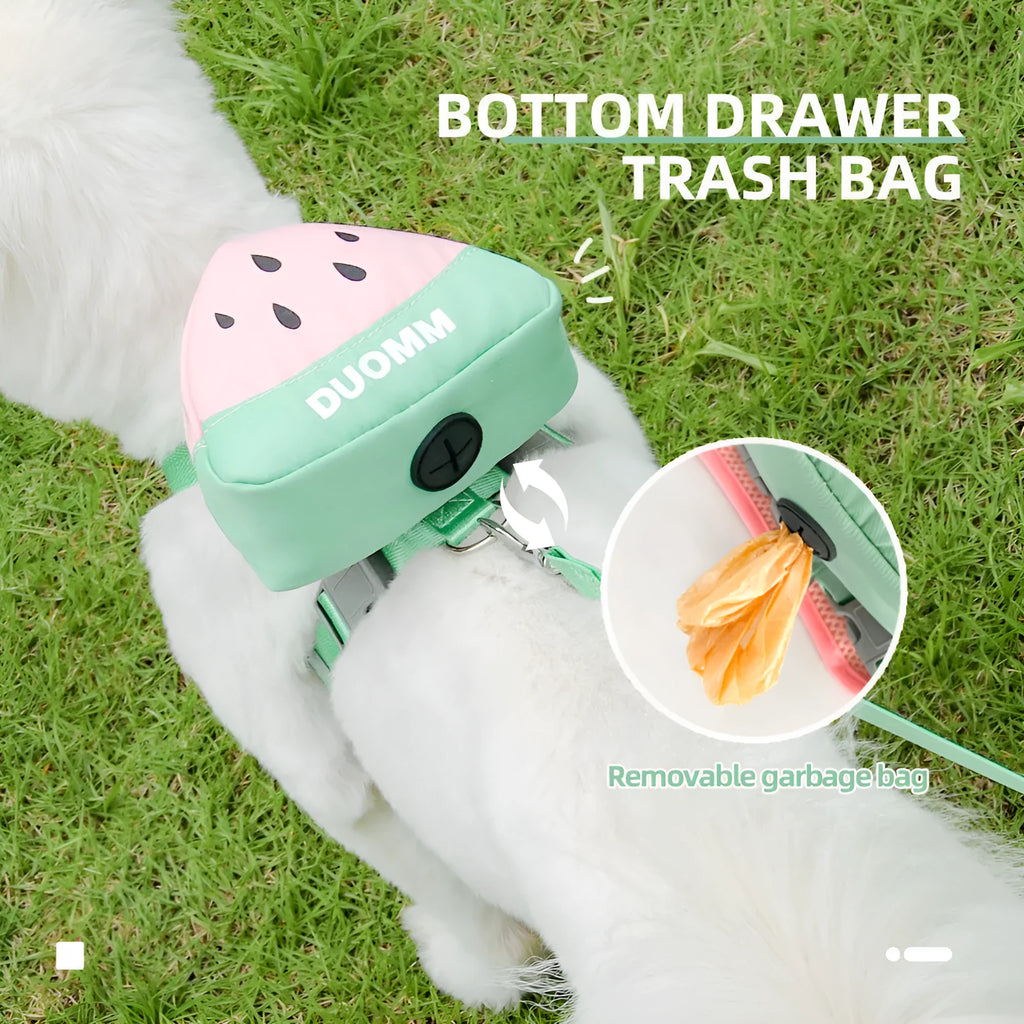 Green anti-slip pet harness and backpack set for a small dog on a pink background