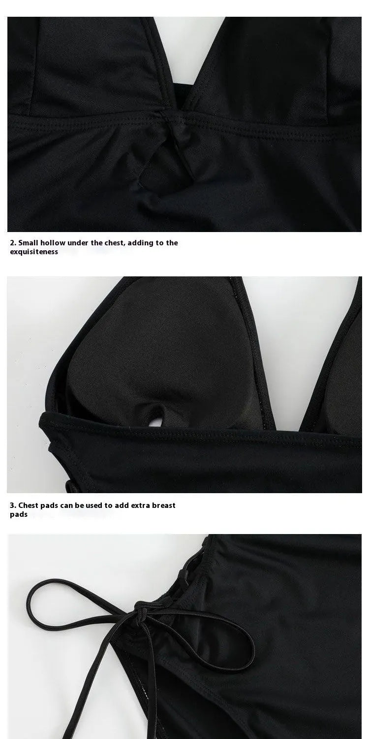 Black women's V-neck one-piece swimsuit with hollow strap design
