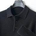 Men's grey wool pullover sweater with a polo collar and long sleeves, showing collage stitch detail.