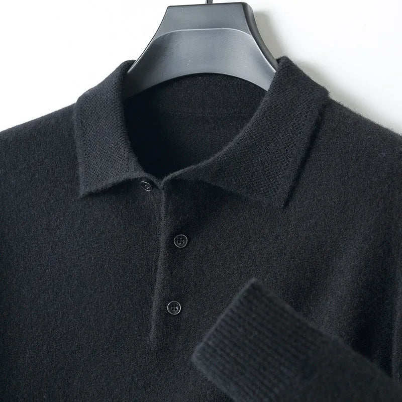 Men's grey wool pullover sweater with a polo collar and long sleeves, showing collage stitch detail.
