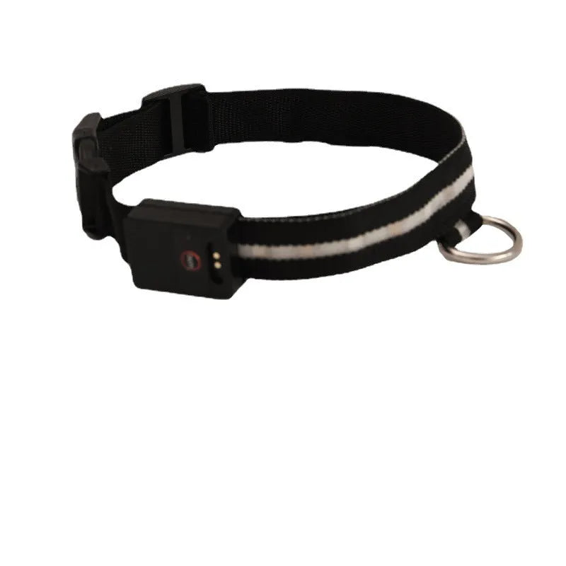 Black LED luminous dog collar with cartoon design and attached hand rope for nighttime walking safety