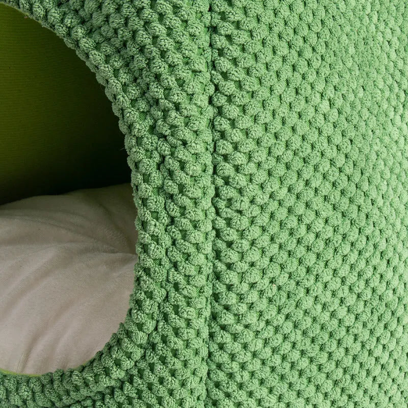 Dark green enclosed tent-style cat bed with soft interior mat for kittens and small dogs