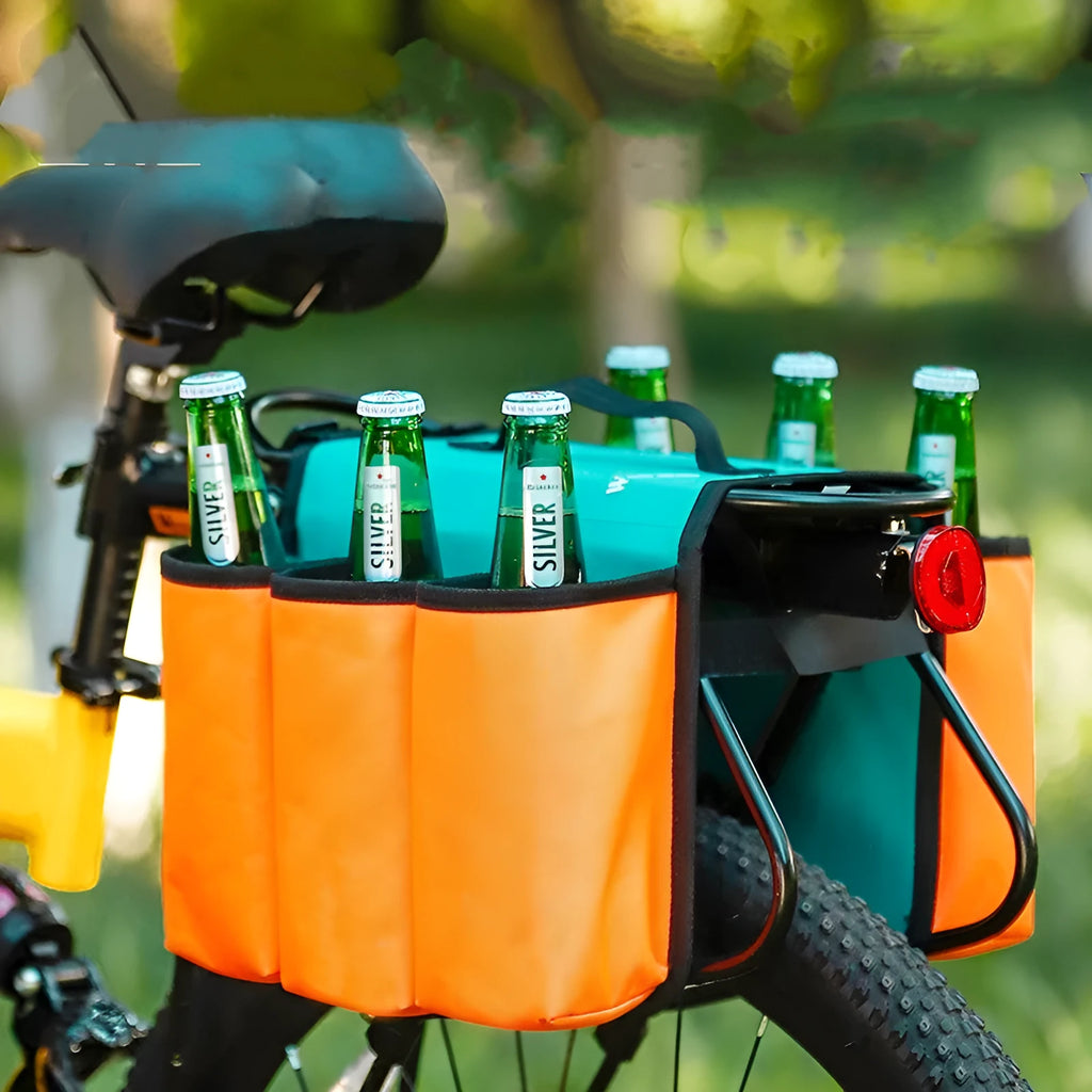 Black and orange double-sided bicycle beverage bag mounted on bike shelf with 2L capacity