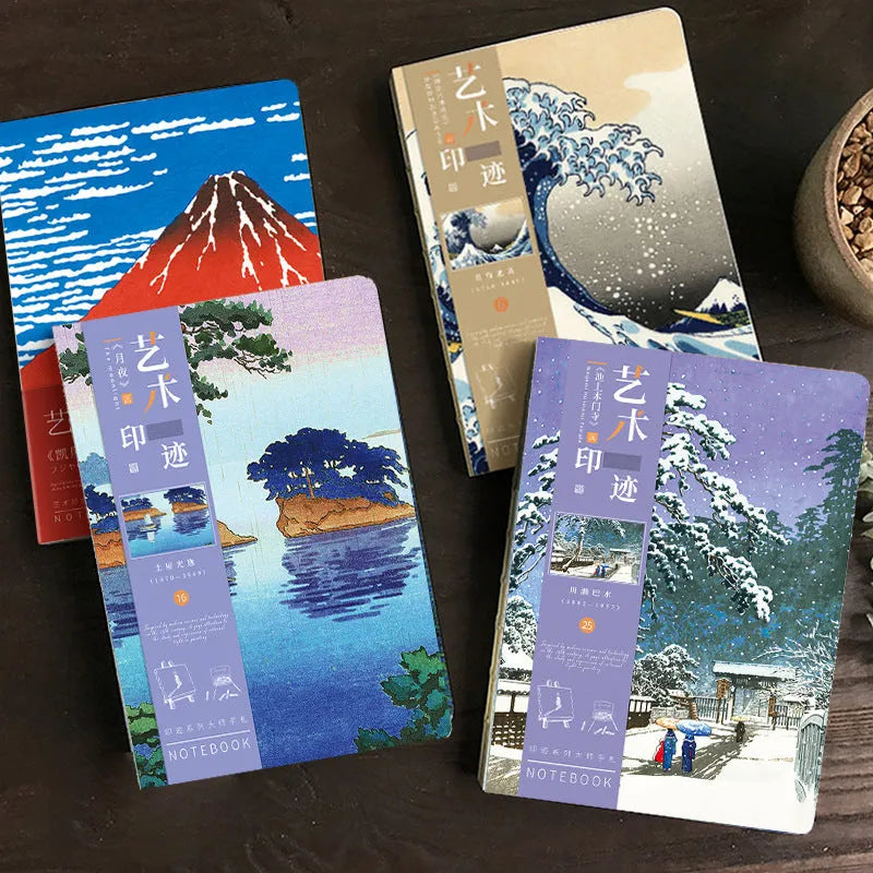 Ukiyo-e Kanagawa surfing village hand ledger notebook showing retro design and artwork