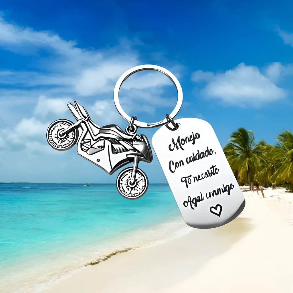 Stainless steel motorcycle keychain with metal key ring and grey flannel storage bag