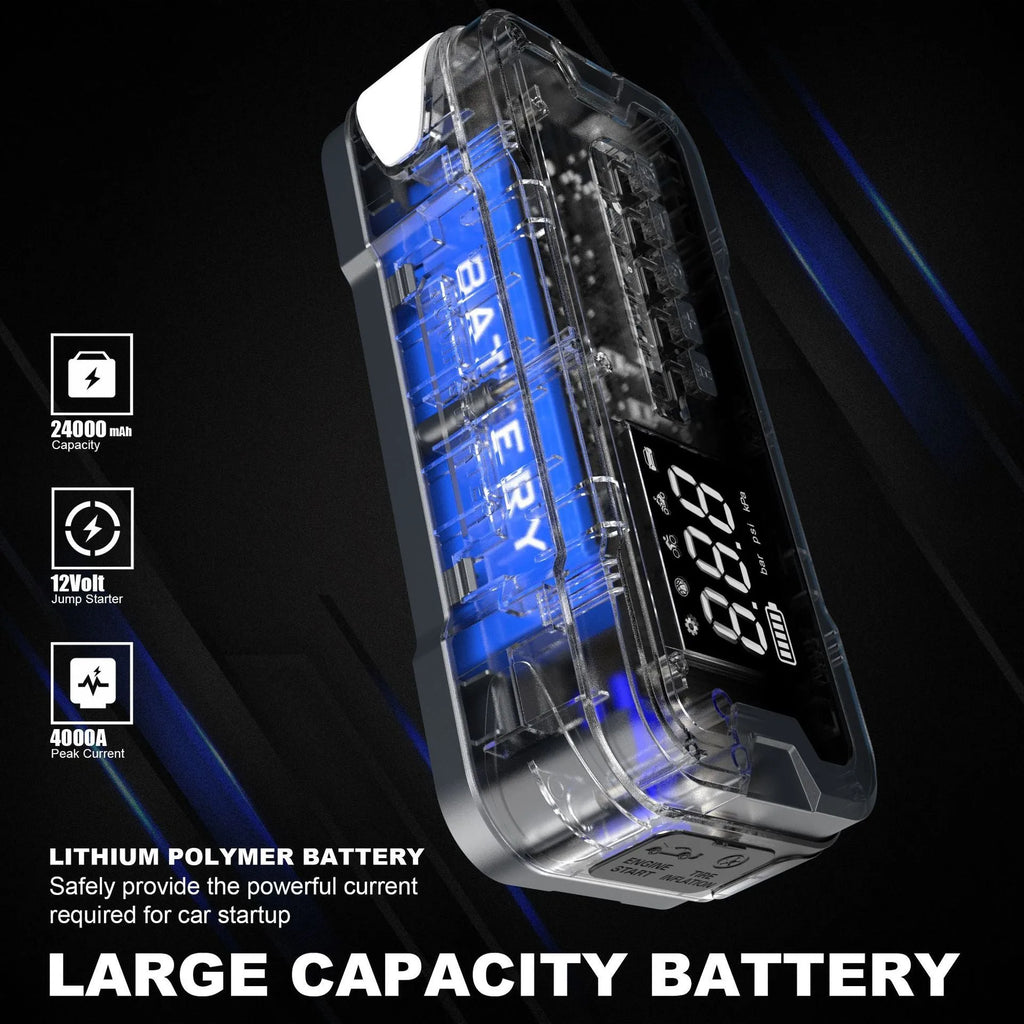 CY53 car emergency jump starter power bank unit with LCD display and LED lights.