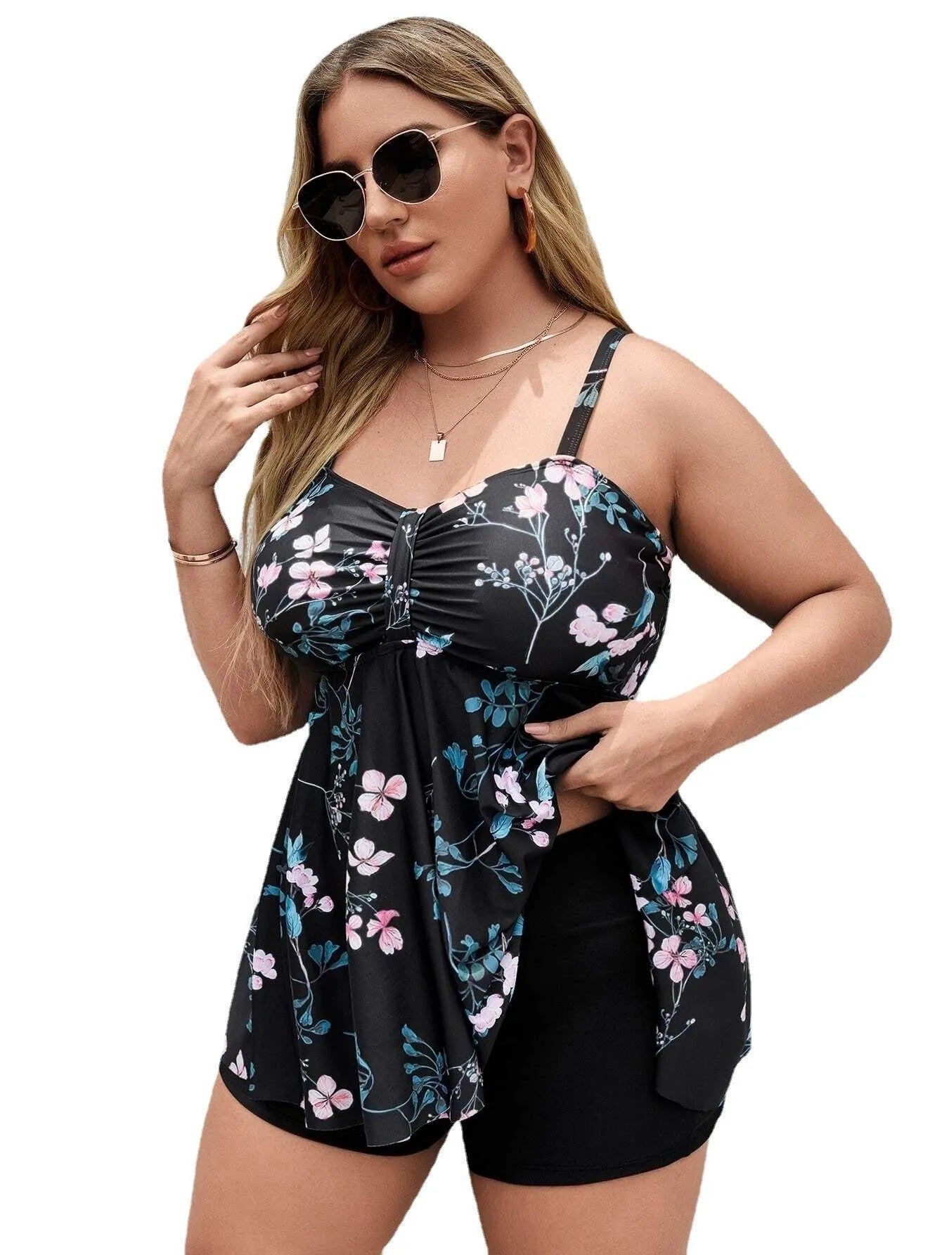 Women's floral print one-piece swimsuit in split colours, available in plus sizes.