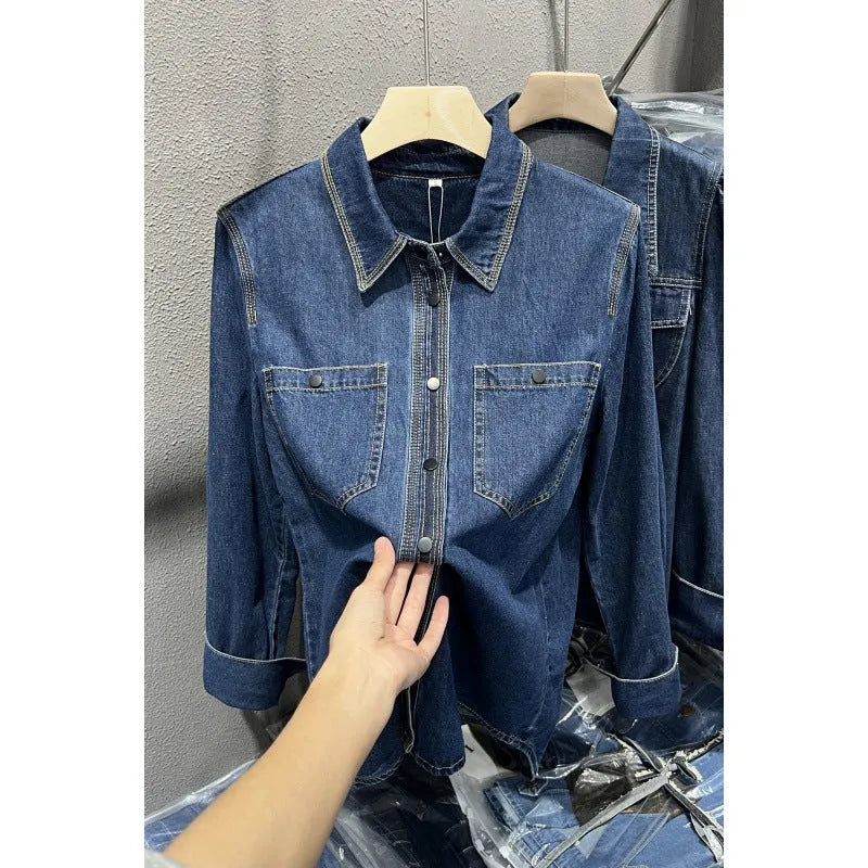 Layered retro denim-style long sleeve top for women in picture colour, polyester fabric, casual fashion top