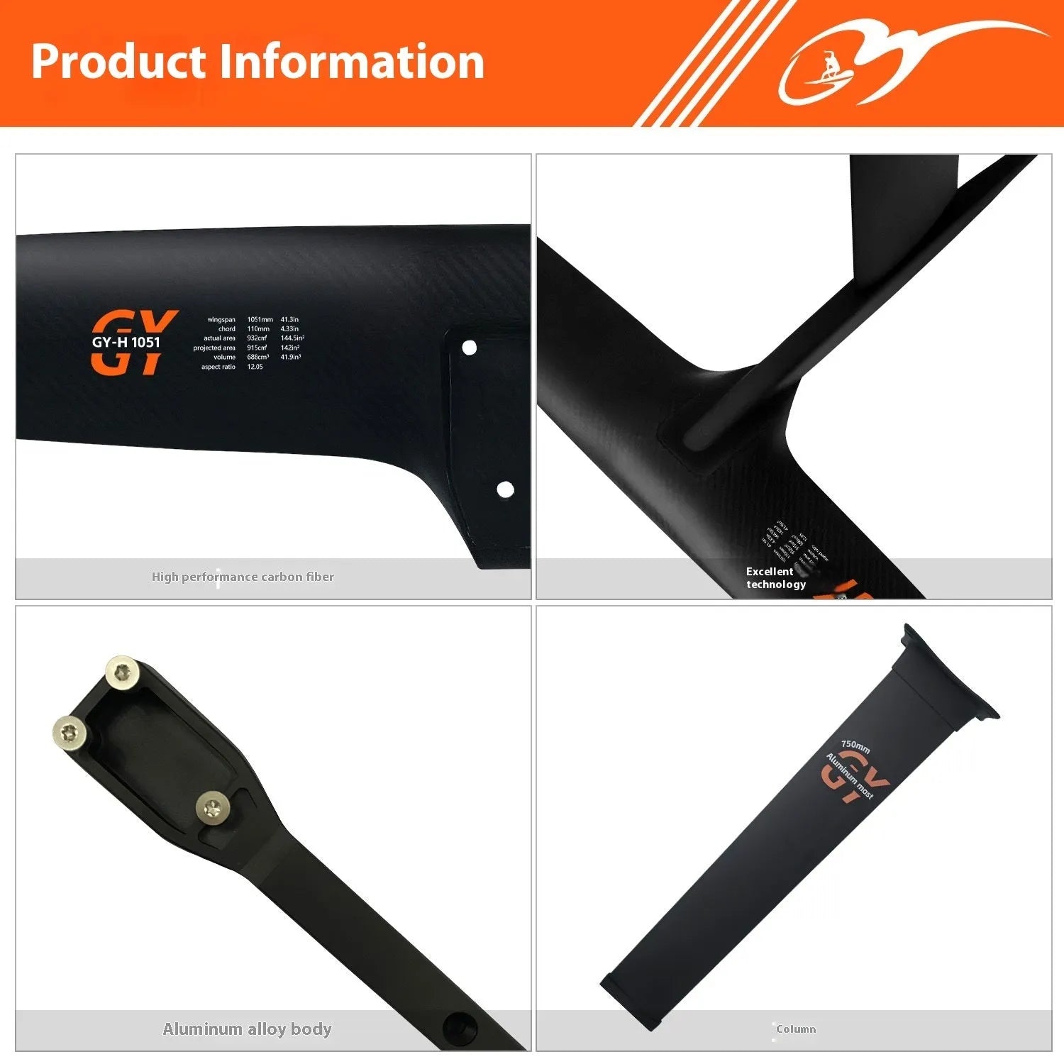 Black racing hydrofoil for surfboards with aluminium and carbon fibre construction