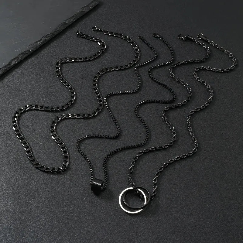 Men's black stainless steel necklace set with titanium steel pendant and cylindrical ring buckle